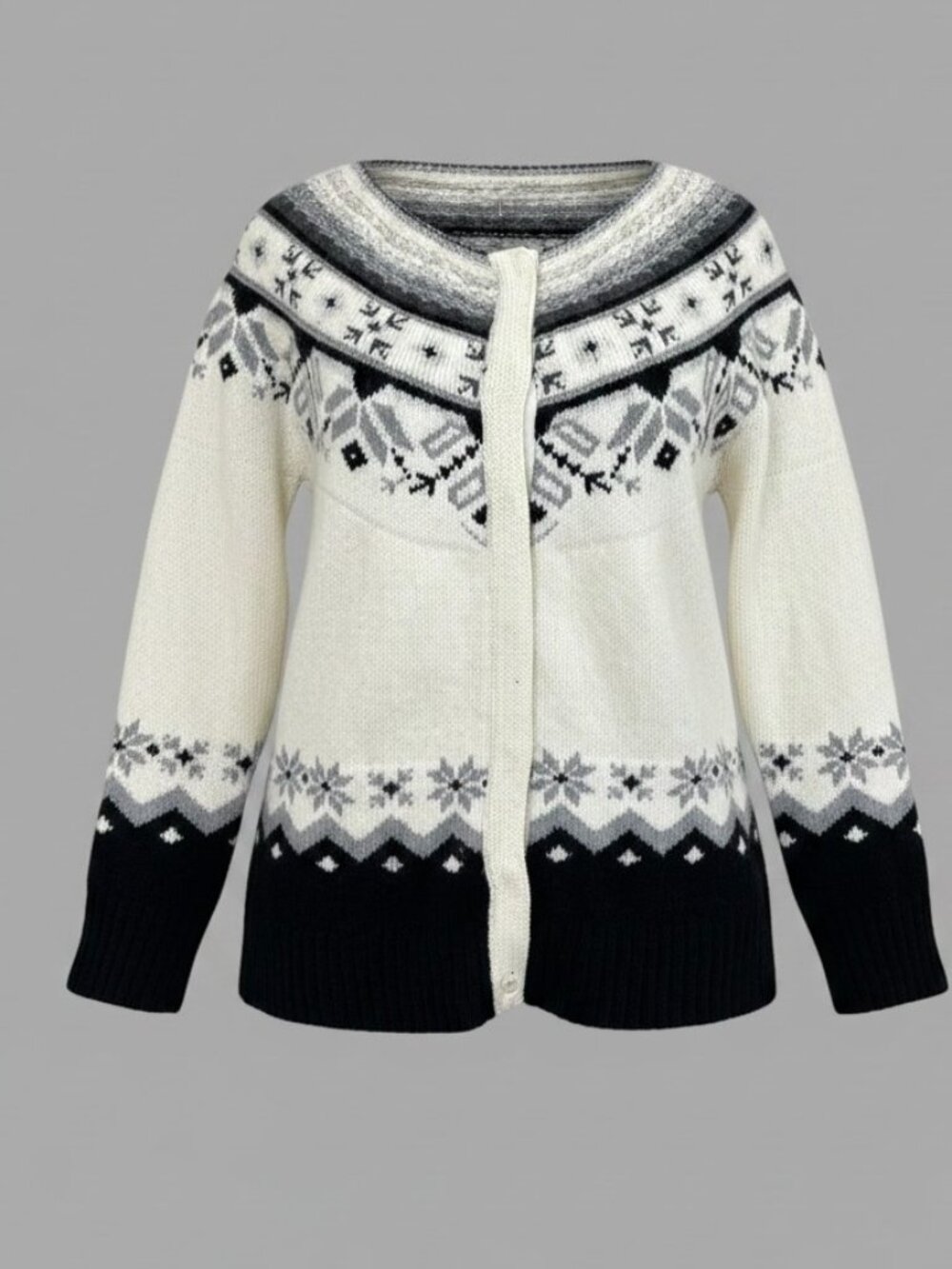 Sundance Cardigan Sweater Fair Isle Wool Blend Ivory Gray Nordic (S)